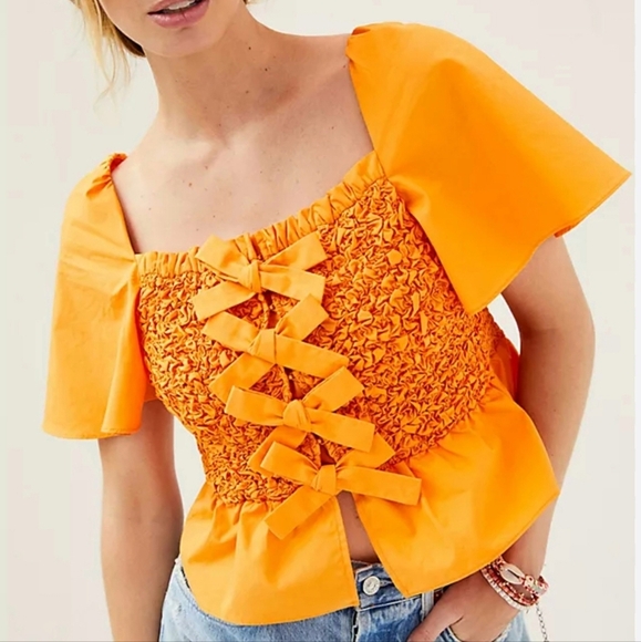 Anthropologie New Mare Mare Coral Smocked Bow Tie Top Shirt Womens Size Small - Picture 1 of 12